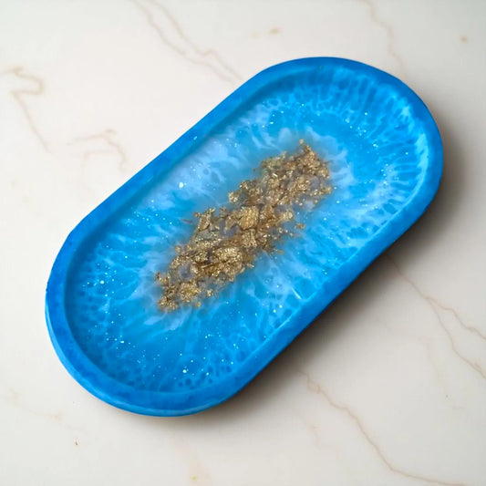 Blue Multi-Purpose Designer Trinket Tray with gold flakes, perfect for organizing keys or jewelry, adds a luxurious touch to home decor.