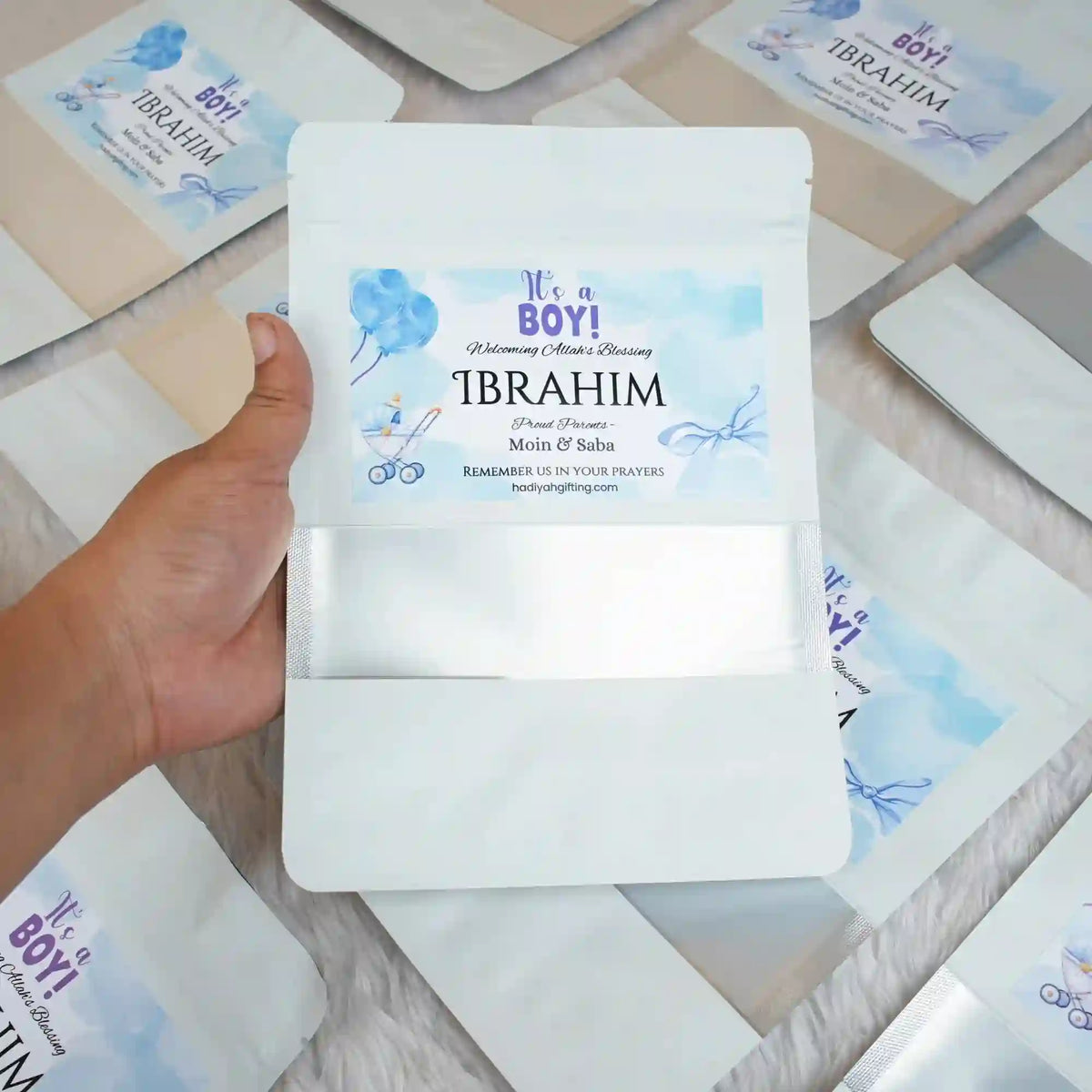 Aqiqah Meat Packets - meat packet | 12 units, customisation for baby boy with personalized label featuring name and message, ideal wedding favor gift.