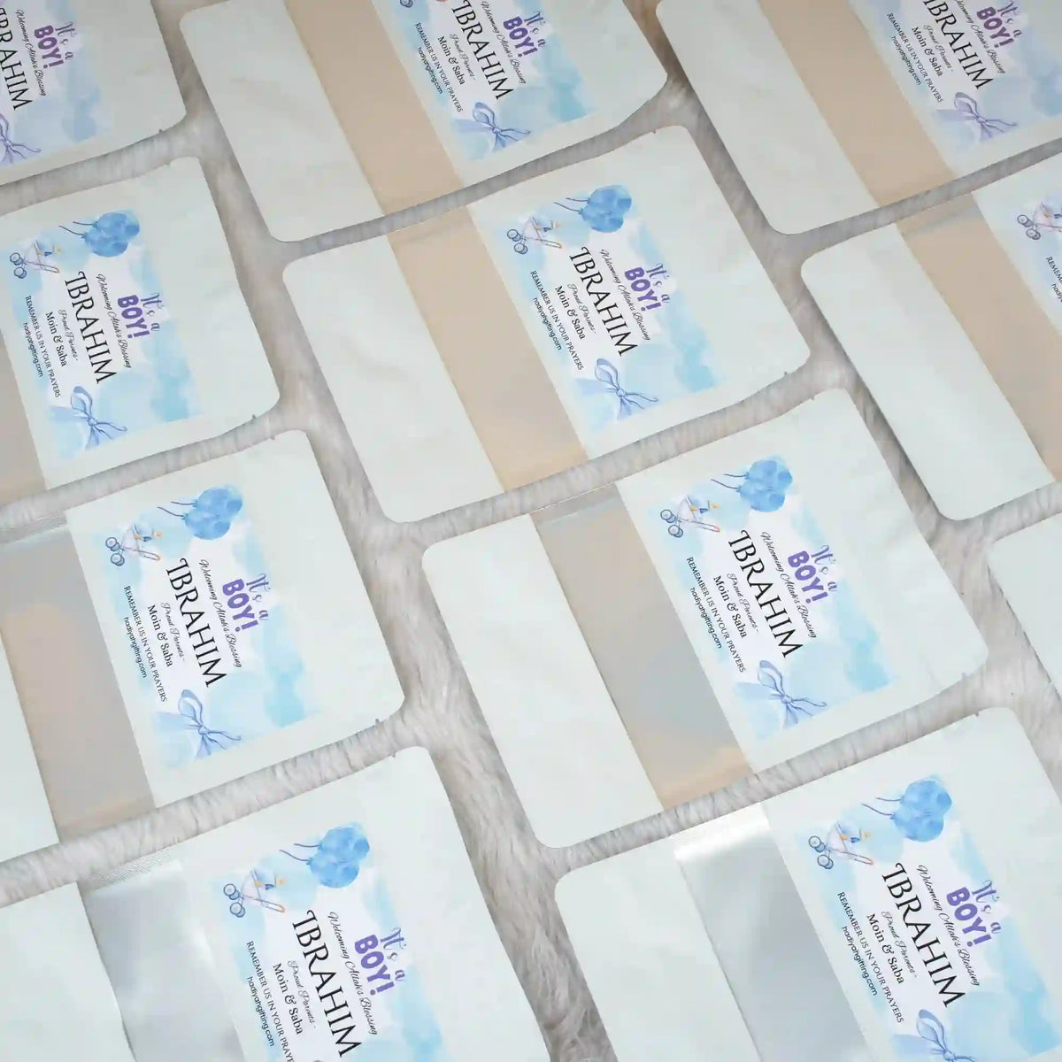 Aqiqah Meat Packets - meat packet | 12 units, customisation with baby boy theme labels, ideal for wedding favors and Sunnah distribution.