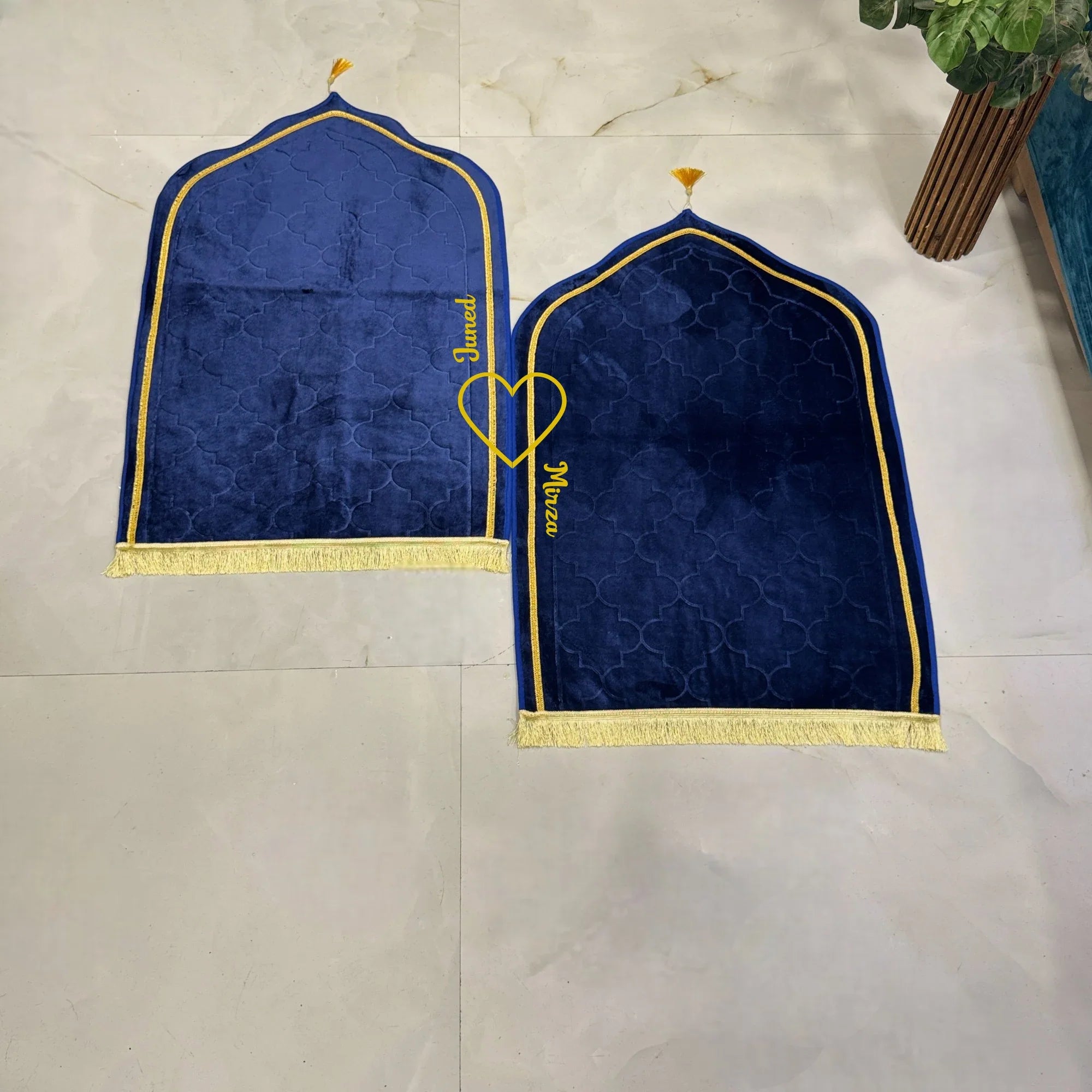 Couple Janamaz Set in blue with dome design and yellow heart, ideal Islamic gift with soft fabric for wedding or bridal gifting. Main image