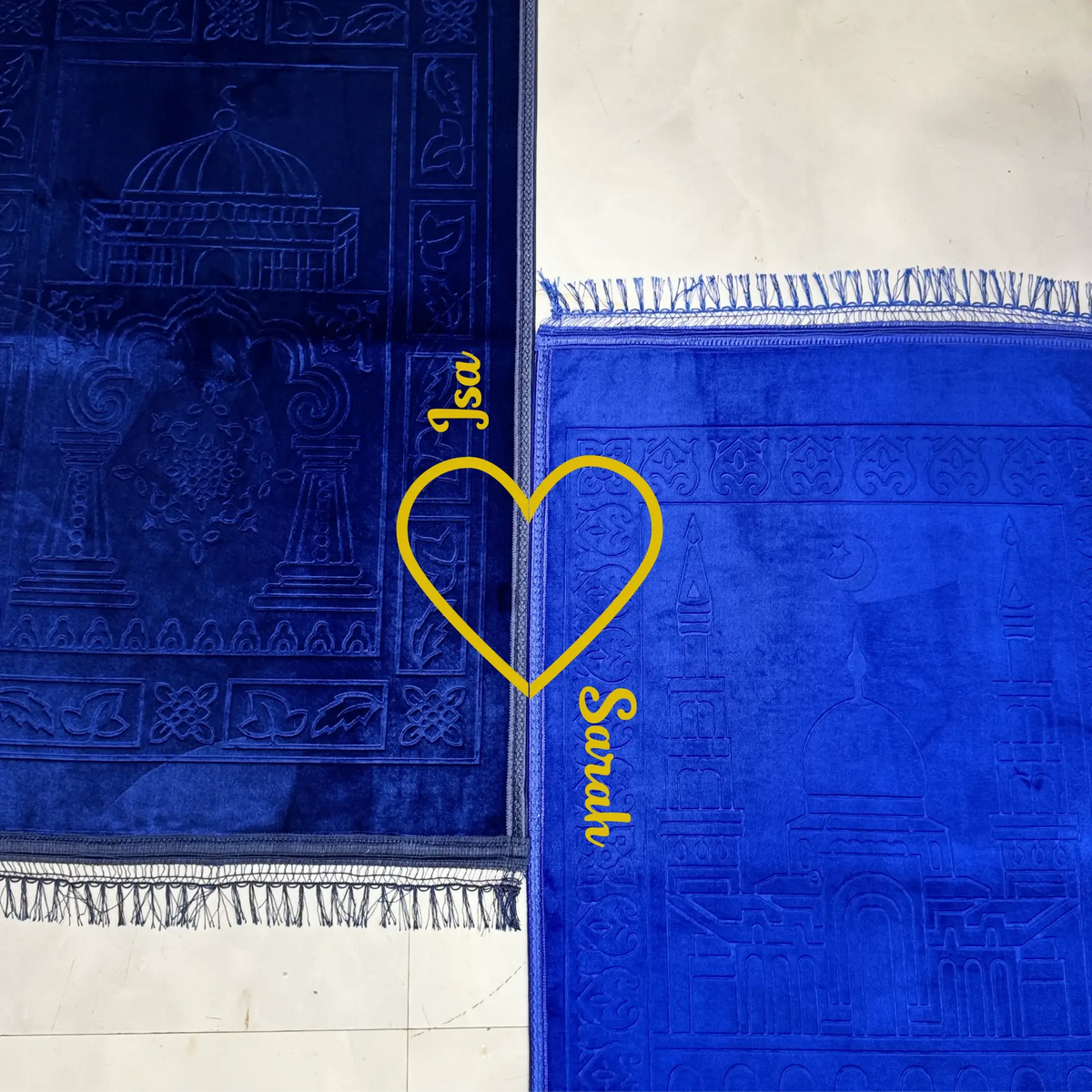 Blue Rectangle Couple Prayer Mat Set featuring two elegant janamaz with mosque motifs, personalized with names Isa and Sarah, ideal for wedding gifts.