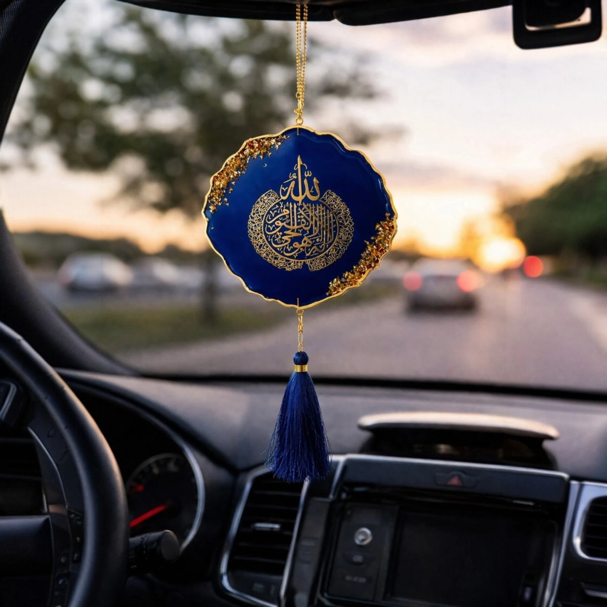 Blue Duet Golden Flakes Islamic car hanging with tassel
