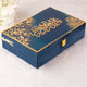 Luxury Blue Flakes Tilawat-e-Quran gift box with gold Arabic calligraphy and clasp, designed for ceremonial and religious gifting.