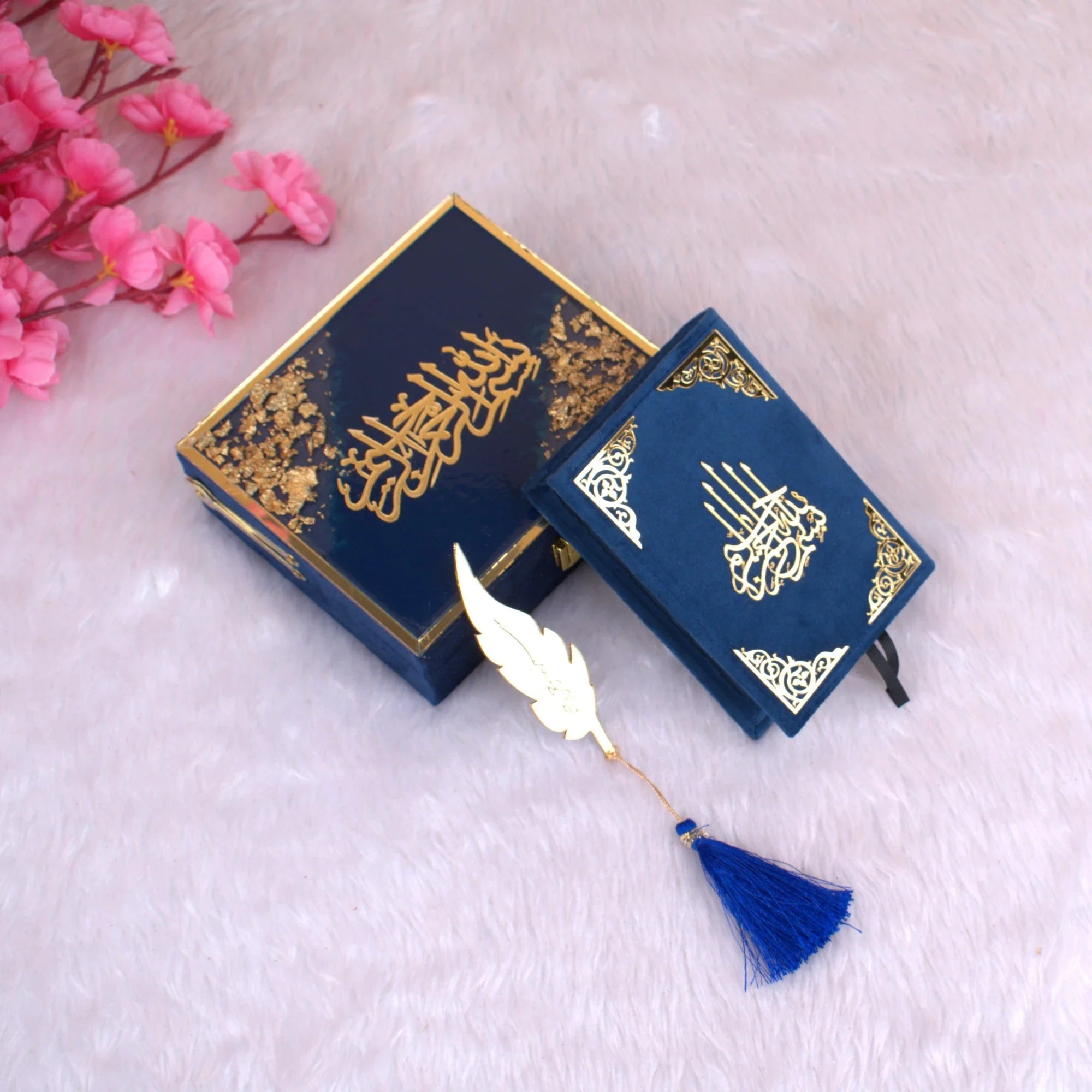 Navy blue Mini Tilawat-e-Quran velvet box set with gold accents and feather tassel. Ideal handmade Islamic gift for men and women. Main image