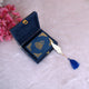 Handmade Blue Flakes Mini Tilawat-e-Quran set in open velvet box with gold feather bookmark, crafted in India for religious and gifting occasions.