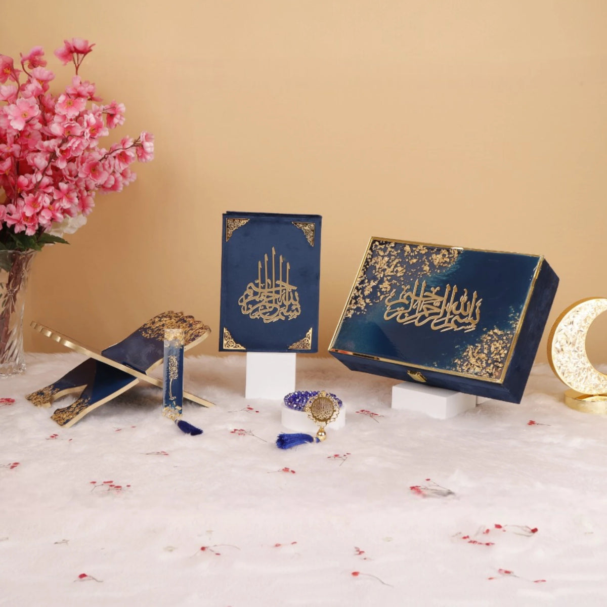 Blue Flakes Rehal Bridal Hamper - Velvet Quran set with designer box, tasbeeh, and Rehal, ideal for bridal gifting in religious ceremonies.