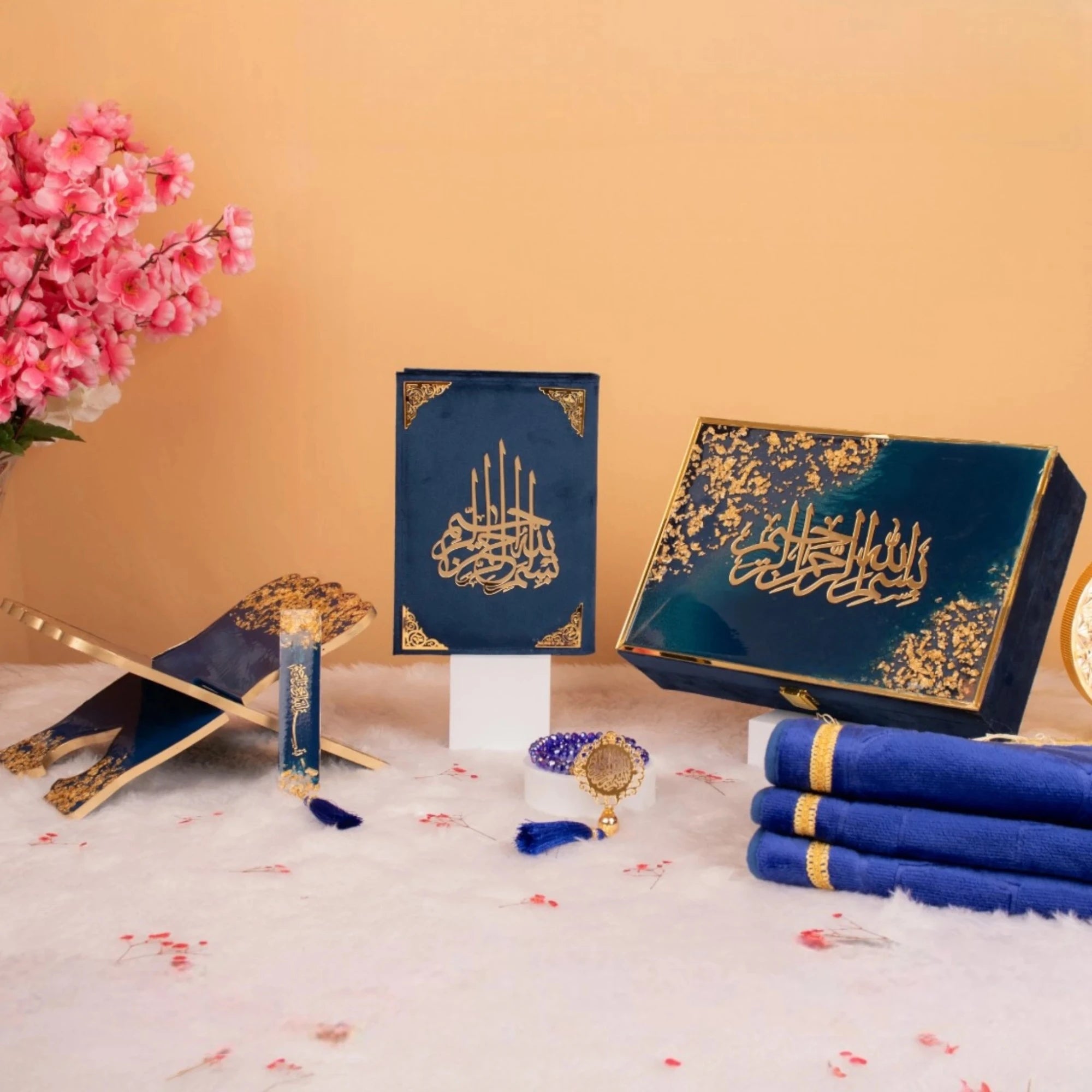 Bridal Gift Set with Quran in blue velvet includes Rehal, Tasbeeh, Janamaz, and bookmark. Ideal for weddings and spiritual gifting. Main image
