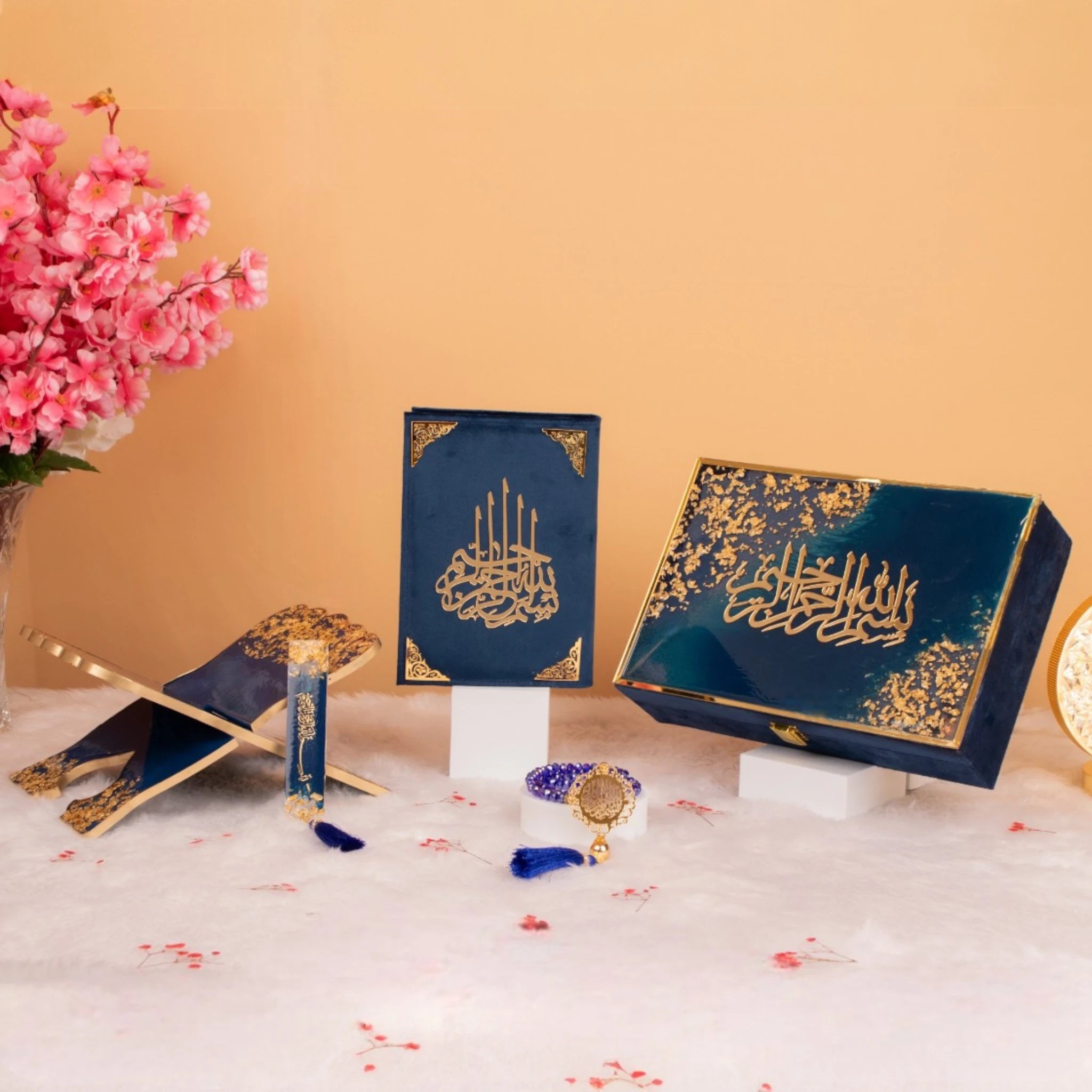 Blue Flakes Rehal Set - Premium Quran Gift Set with velvet Quran, crystal tasbeeh, rehal stand, and bookmark in a luxury designer box. Main image