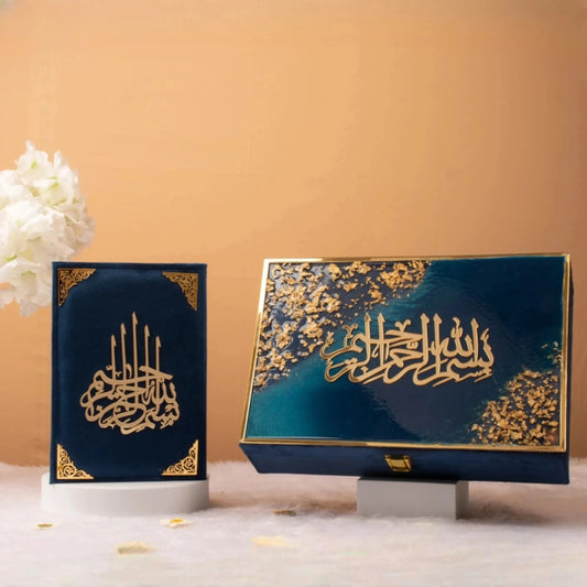 Premium Quran Gift Set in blue and gold with elegant box and velvet Quran cover. Perfect for Nikkah and wedding ceremonies.