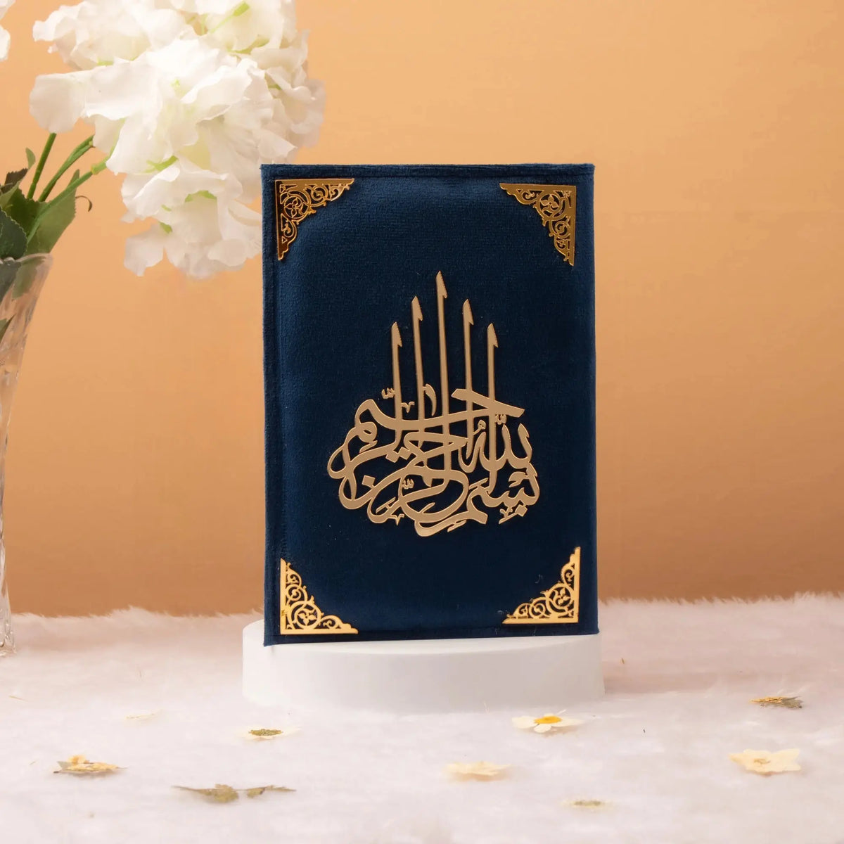 Velvet-covered Quran with gold Arabic calligraphy from Blue Stones Rehal Hamper. Premium Quran gift set for men and women.