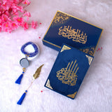 Blue Flakes Tilawat-e-Quran gift set with decorative box and velvet Quran – premium Islamic gift hamper for Eid, Nikah and Ramadan by Hadiyah