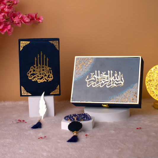 Elegant Blue Flakes Tilawat-e-Quran Hamper featuring Quran, tasbeeh, and bookmark in a decorative box. Perfect Islamic gift set for special occasions.