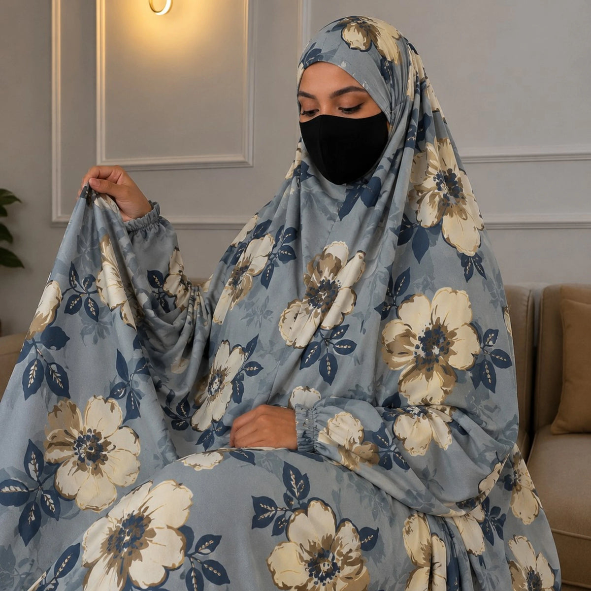 Blue Floral Full Length Printed Cotton Namaz Makhna
