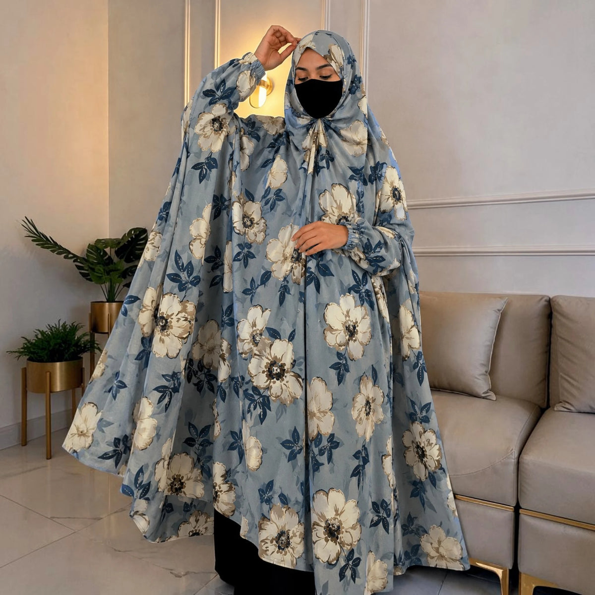 Blue Floral Full Length Printed Cotton Namaz Makhna