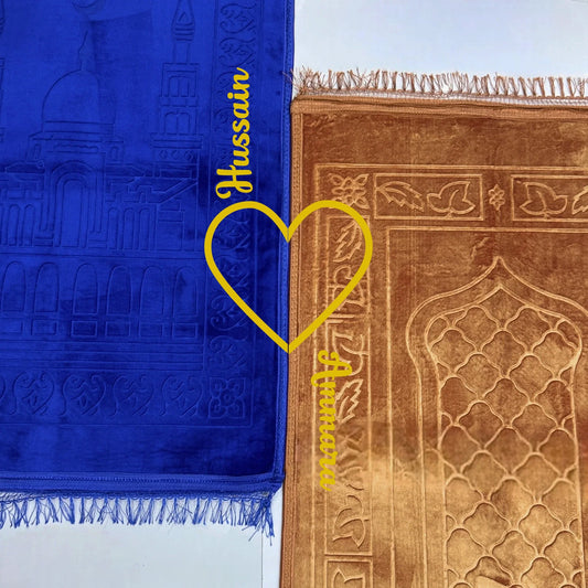 Elegant Islamic Gift set featuring blue and golden Rectangle Couple Janamaz with personalized names and heart motif.