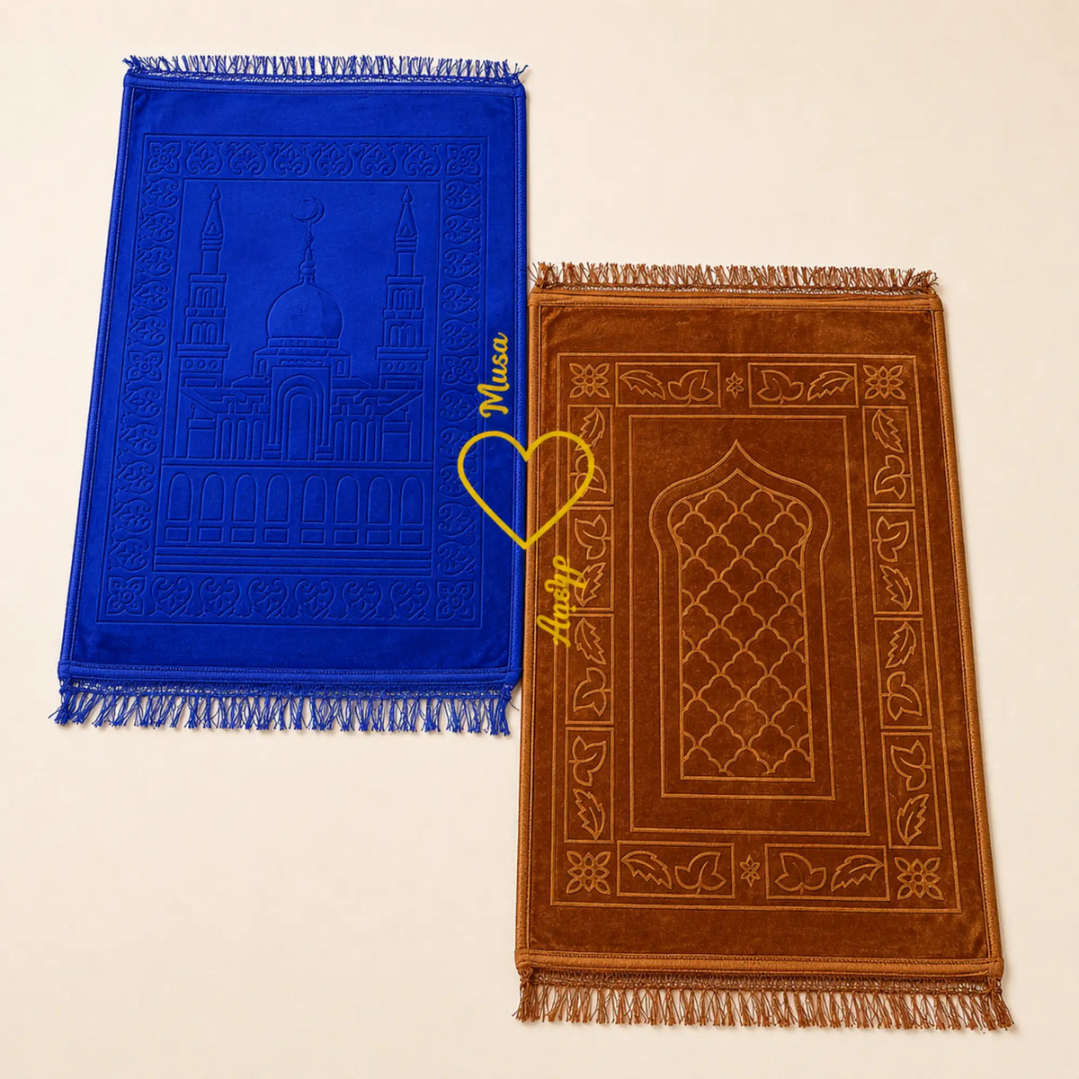 Rectangle Couple Janamaz - Prayer Mat Set in blue and golden with heart design, ideal Islamic wedding gift for couples.