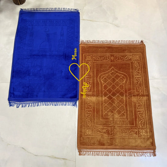 Rectangle Couple Janamaz - Prayer Mat Set in blue and golden with heart design, ideal Islamic wedding gift for couples.
