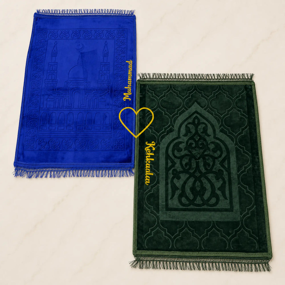 Rectangle Couple Janamaz Gift Set featuring blue and green prayer mats with heart design and personalized names, ideal for weddings or Islamic gifts.