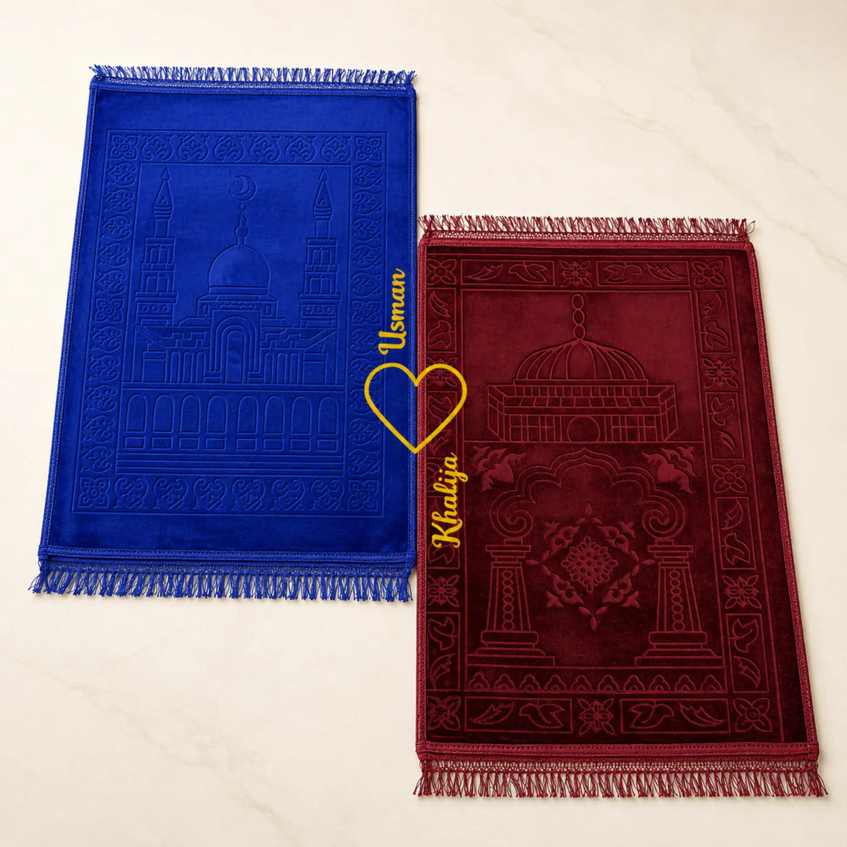 Blue & Maroon Janamaz Set for couples with heart design and personalized names, ideal for weddings and Islamic gifting occasions.