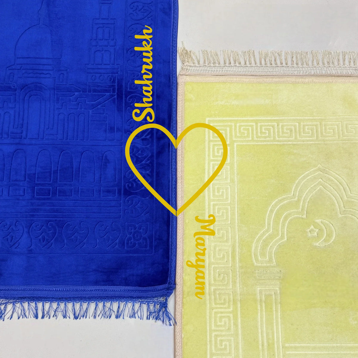 Personalized Rectangle Couple Janamaz Set with names and heart motif, ideal for wedding gifts and couple prayer moments.