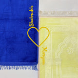 Personalized Rectangle Couple Janamaz Set with names and heart motif, ideal for wedding gifts and couple prayer moments.