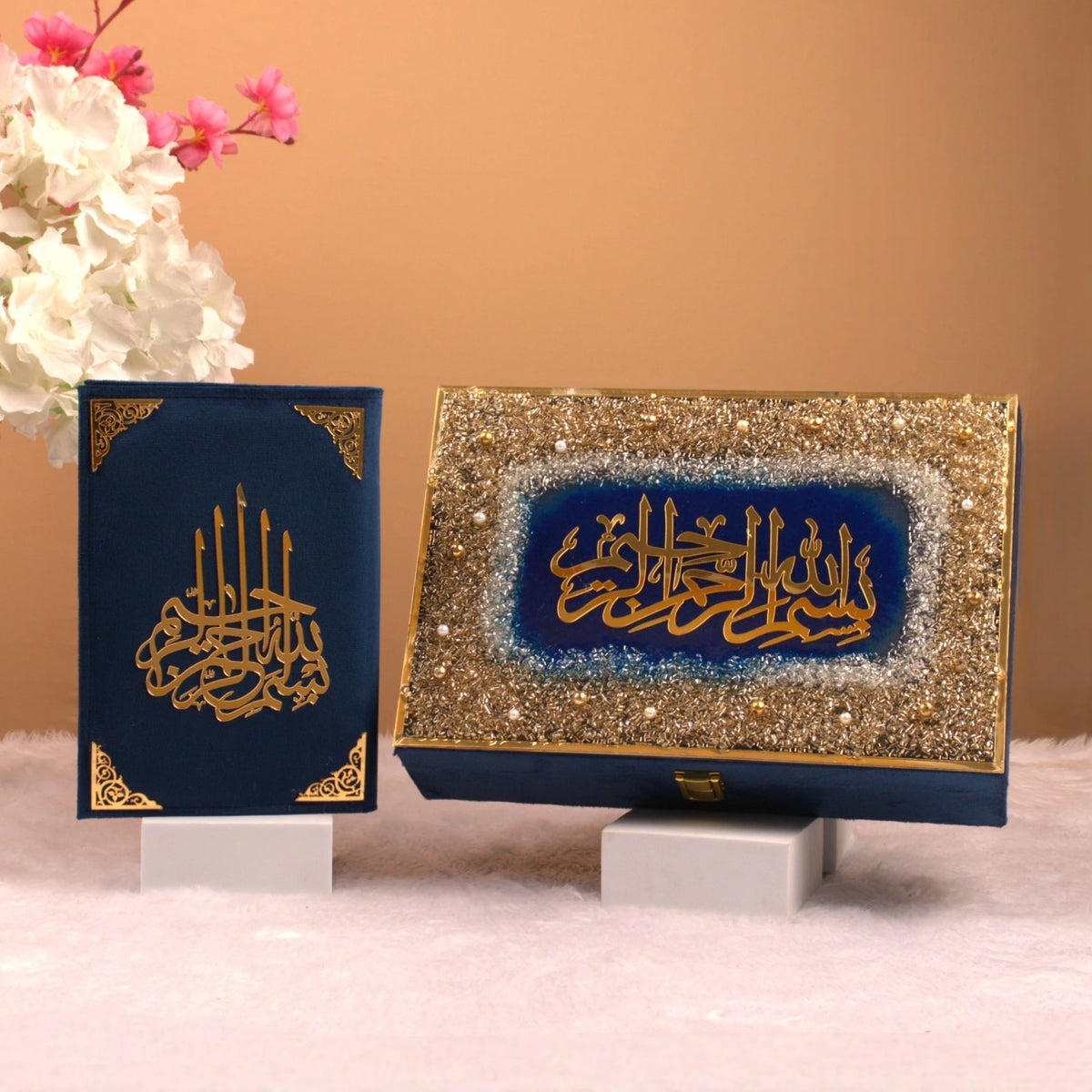 Blue Sequence Rehal Hamper Quran and embellished gift box with golden Arabic calligraphy, ideal for Islamic celebrations and personal devotion.