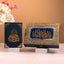 Blue Sequence Rehal Hamper Quran and embellished gift box with golden Arabic calligraphy, ideal for Islamic celebrations and personal devotion.