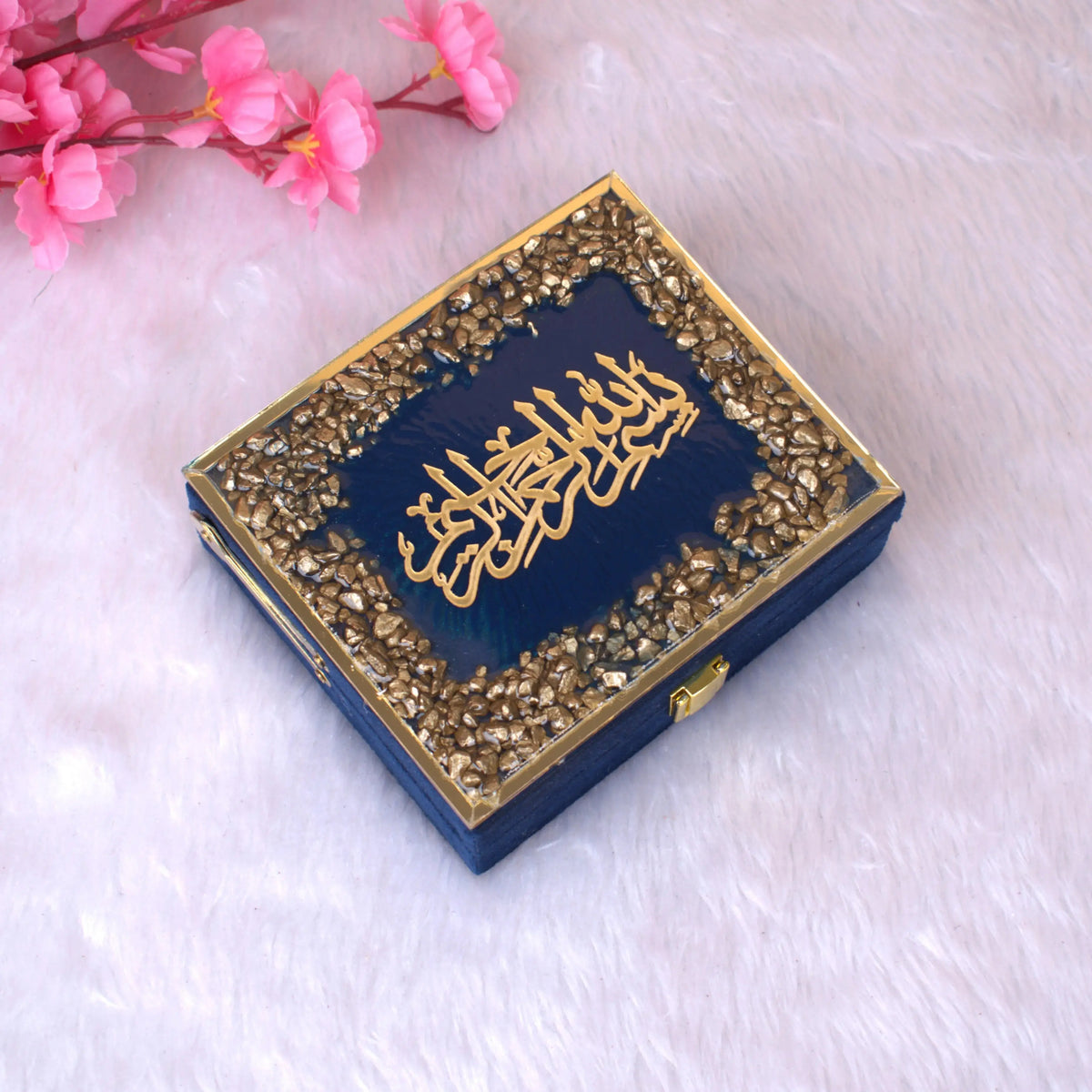 Closed Blue Stones Mini Tilawat-e-Quran designer box with golden Arabic calligraphy and embedded stones, ideal for gifting.