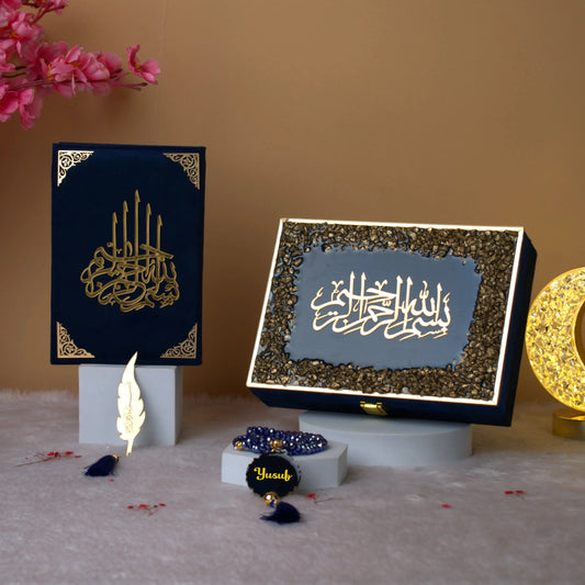 Luxury Blue Stones Tilawat Quran Gift Set with designer box, personalized tasbeeh, and gold-accented Quran, ideal for weddings and spiritual gifting.