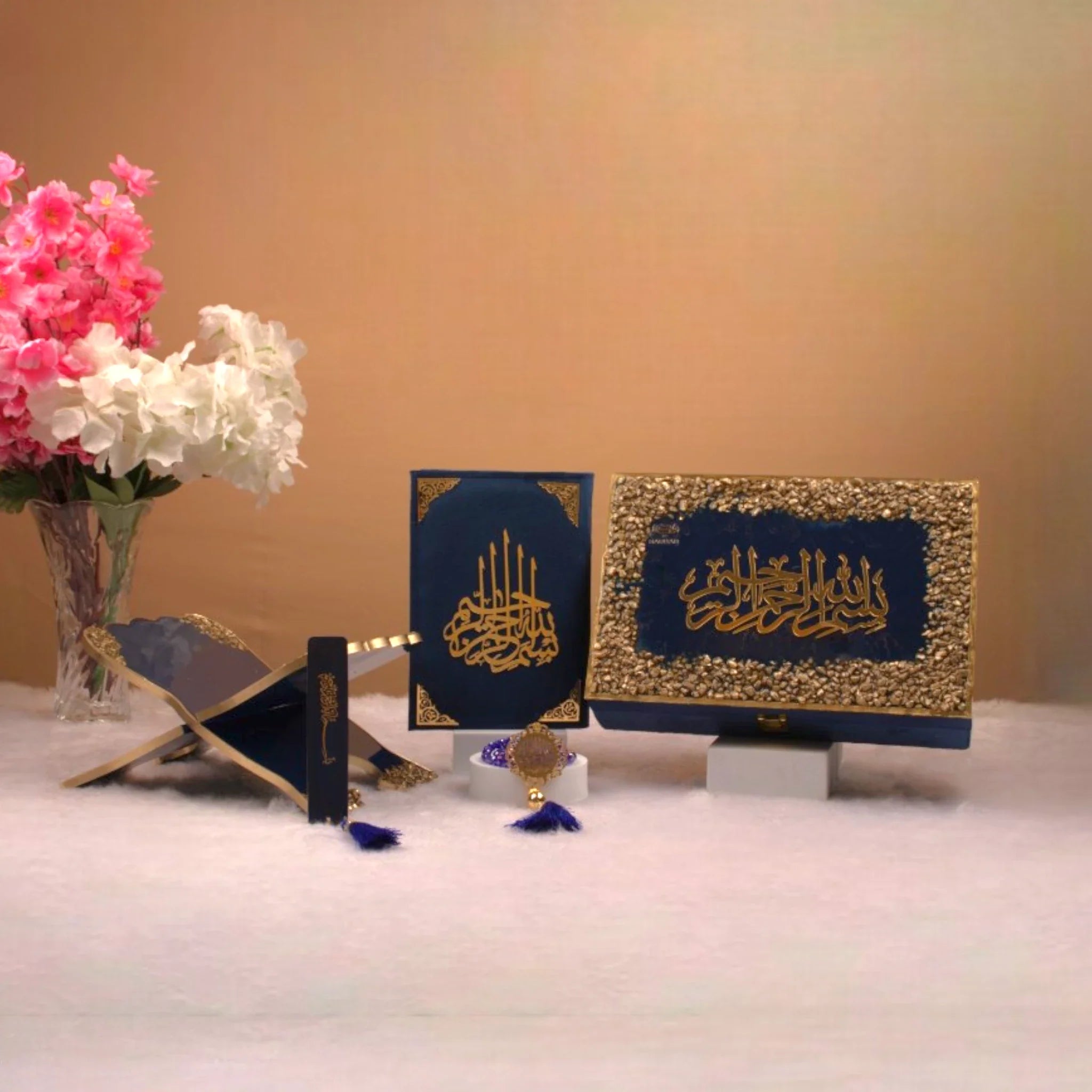 Blue Stones Rehal Hamper - Premium Quran Gift Set Online featuring velvet Quran, crystal tasbeeh, Rehal, and bookmark. Ideal Islamic gift set. Main image