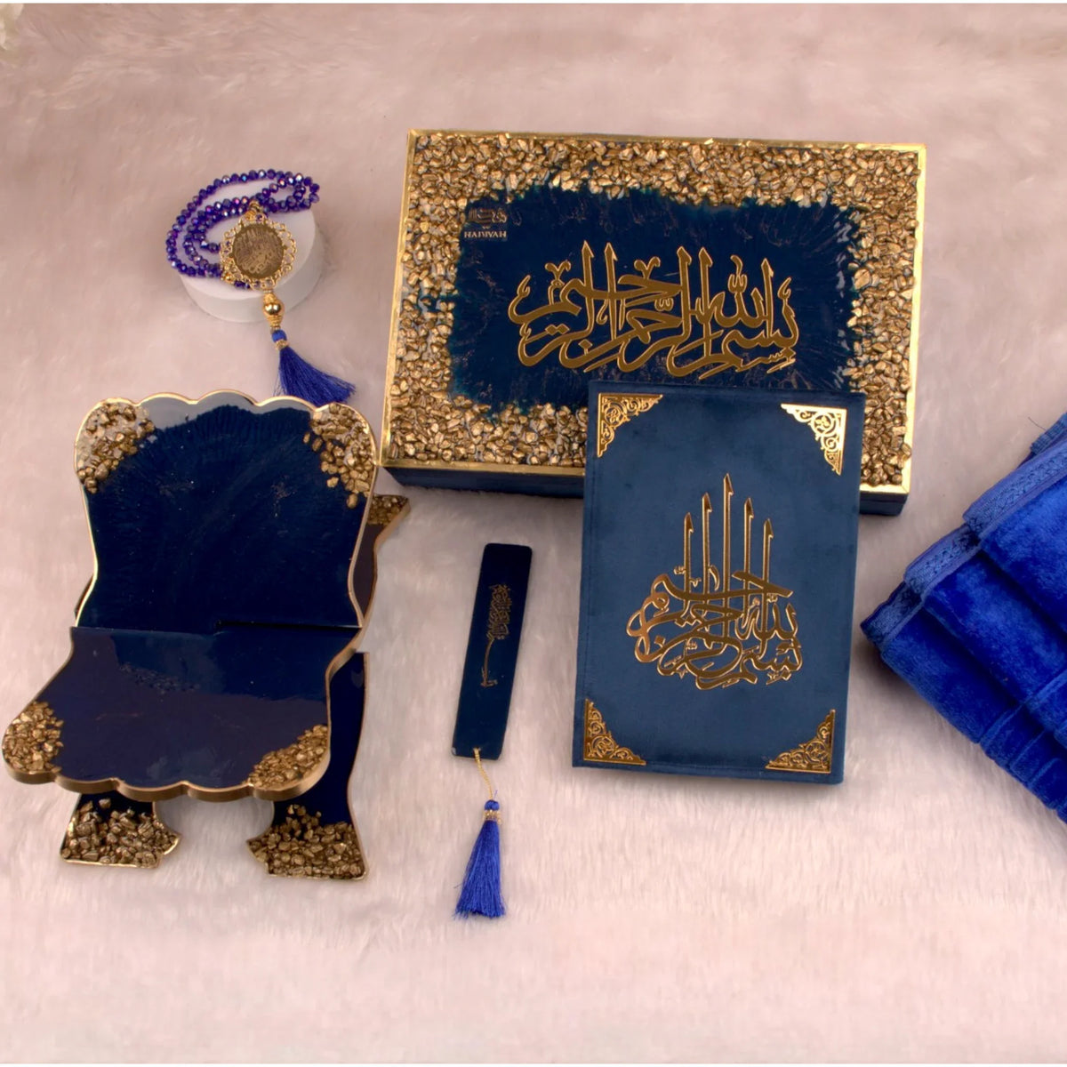 Premium Quran gift set with blue velvet cover, crystal tasbeeh, gold-accented box, and rehal stand from the Bridal Gifting Sawab-e-Jariya Hamper.