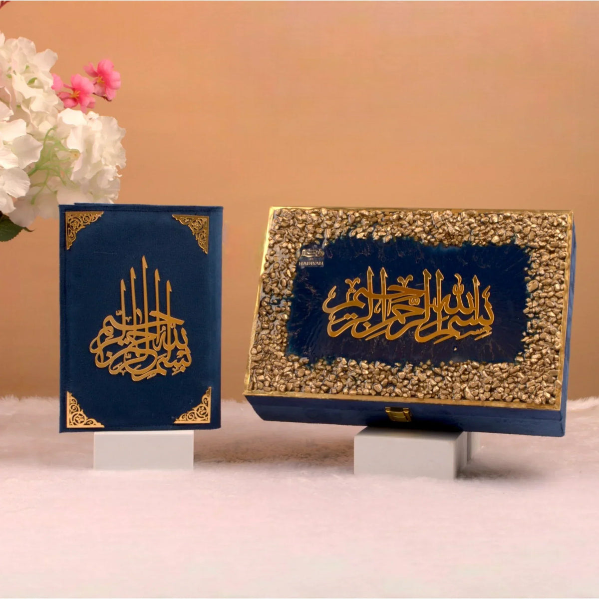 Blue Stones Rehal Hamper with velvet Quran and decorative gift box in gold accents. Elegant Quran gift set for men and special occasions.