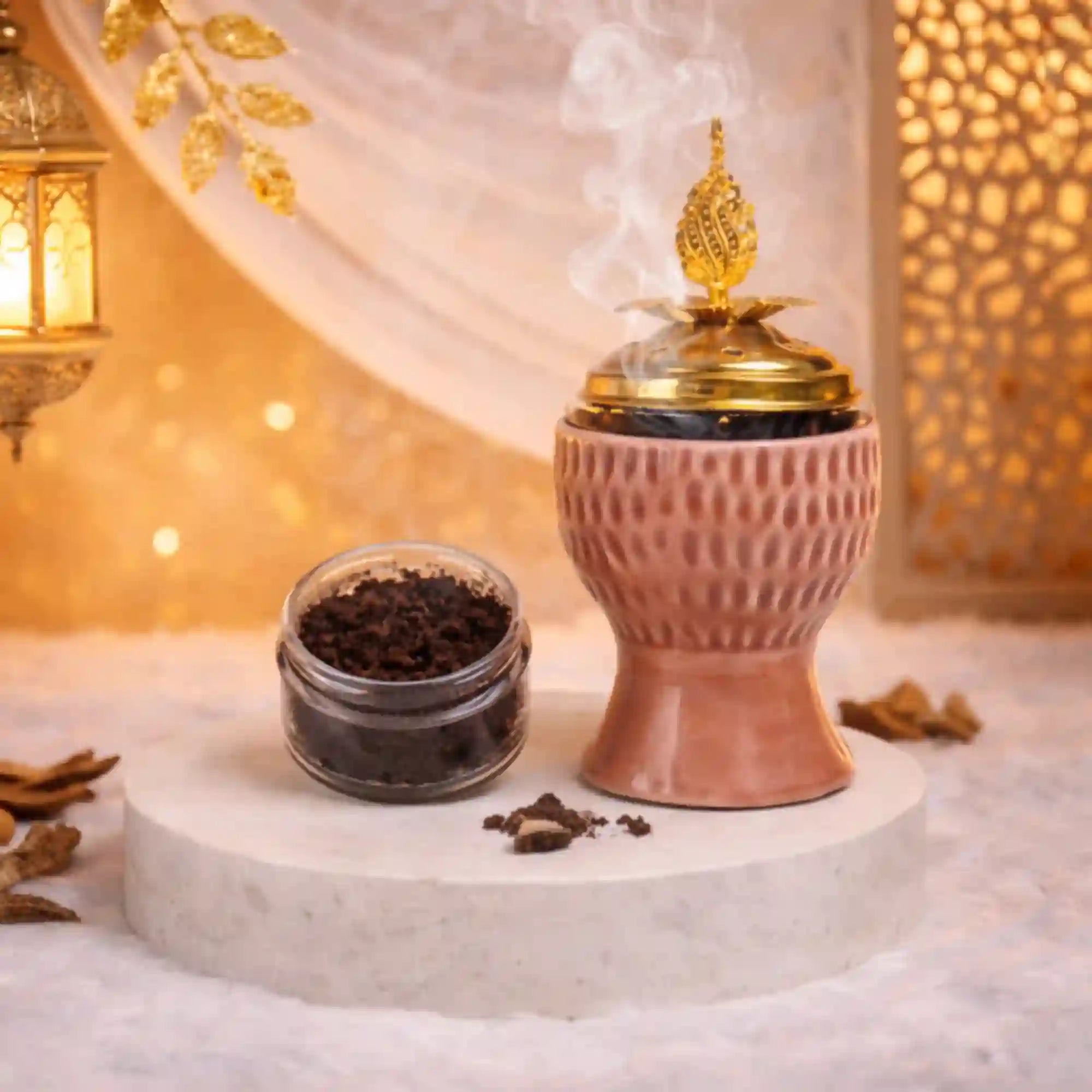 Blush Crown Bakhoor Burner with golden lid emitting aromatic smoke, ideal for Ramadan & EID home decor and gifting. Includes bakhoor jar beside it.