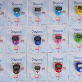 Assorted digital Tasbeeh Favors on Hamza-themed cards, colorful Islamic gifts for Aqiqah or wedding ceremonies, minimum order 50.