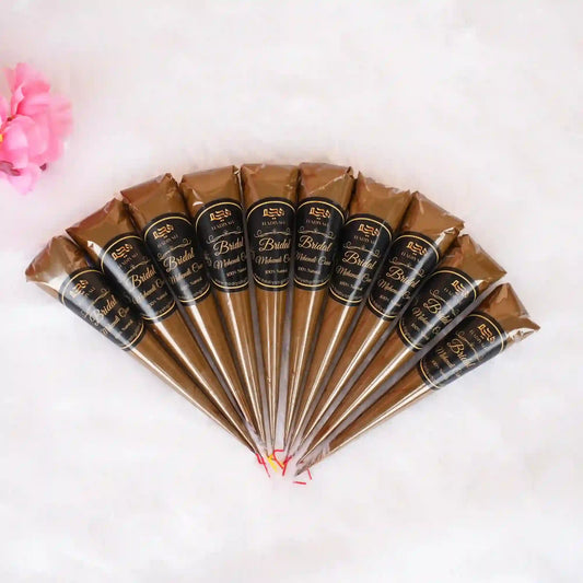 Set of 12 Bridal Mehndi Cones on white background, perfect for intricate temporary tattoo designs for weddings and EID gifting.