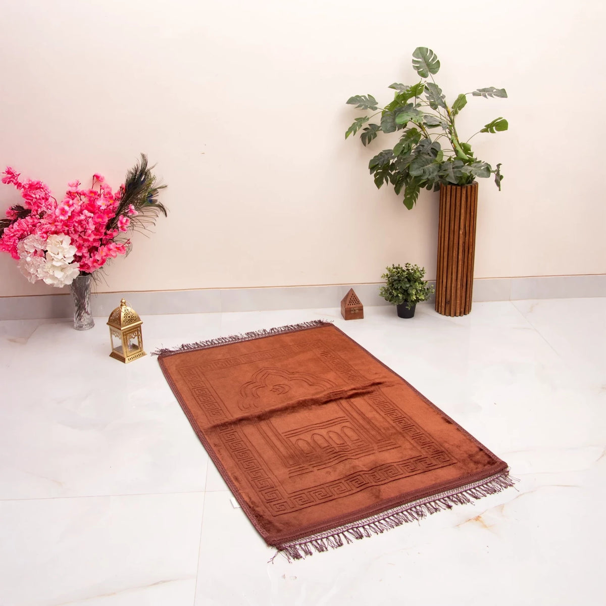 Brown Rectangle Janamaz - Custom Prayer Rugs | Personalized velvet mat displayed in a serene setting with floral decor, ideal for Ramadan or Eid gifts.