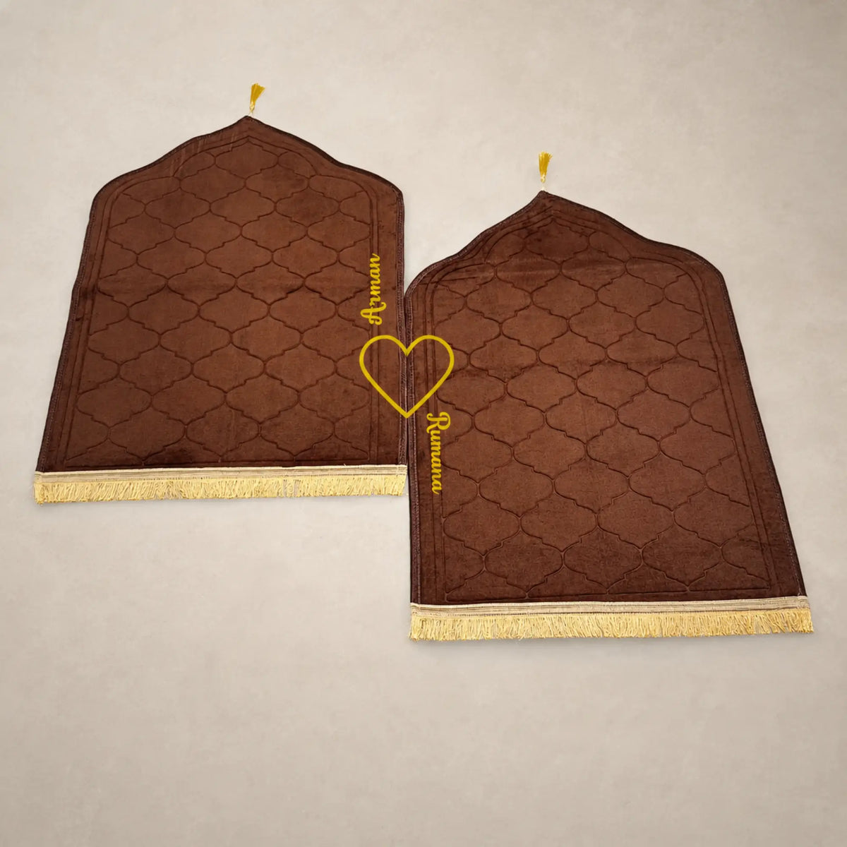 Brown & Brown Dome Couple Janamaz Set with heart design and personalized names, ideal Islamic gift for weddings or special occasions.