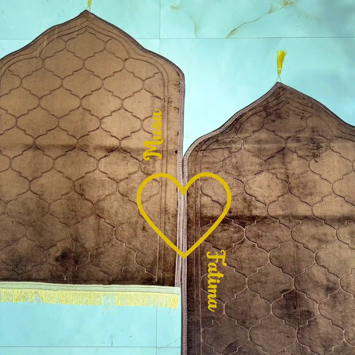 Personalized Brown Dome Couple Janamaz Set featuring names Musa and Fatima with heart motif, perfect for Islamic wedding gifts.