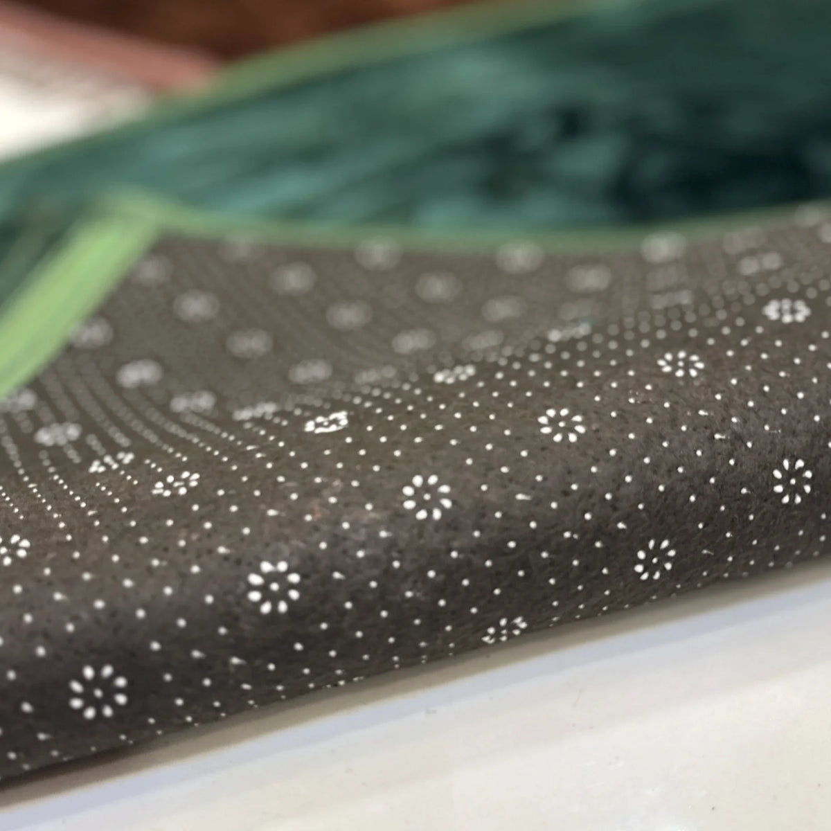Non-slip dotted backing of Brown & Green Rectangle Janamaz - Couple Prayer Mats Set ensures stability during prayer, ideal for daily use.
