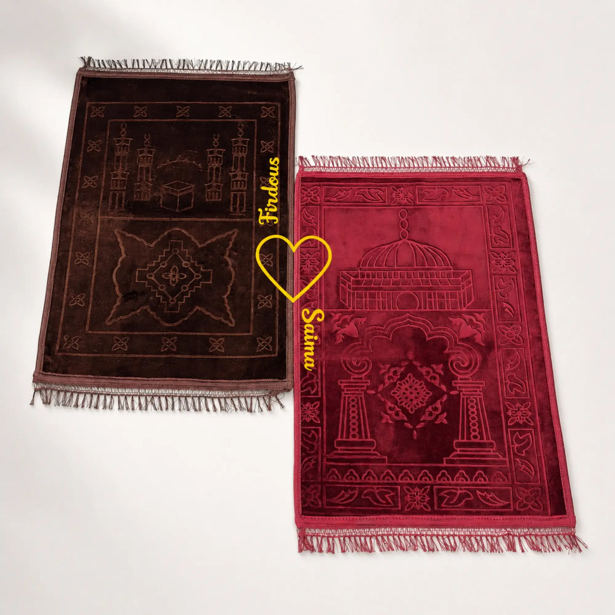 Brown & Maroon Couple Janamaz Set with heart design, featuring elegant Islamic motifs and soft velvet texture for wedding or bridal gifts.