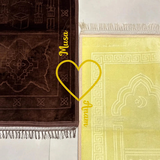 Elegant Couple Janamaz Prayer Mat set featuring personalized names and heart motif, perfect for bridal or wedding gifts.