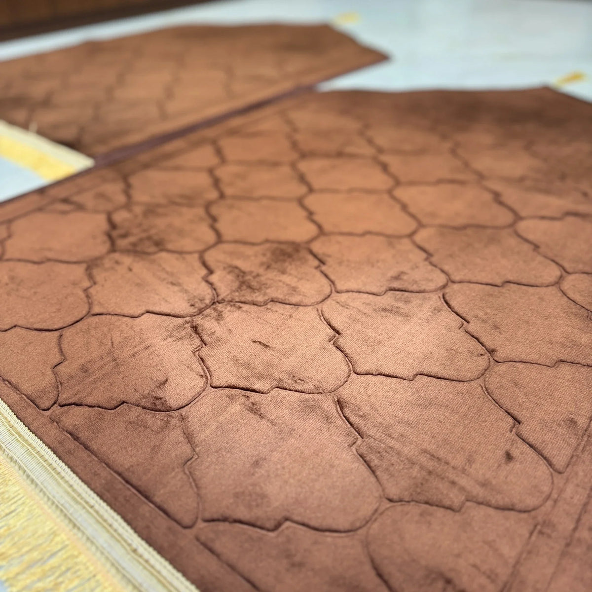 Close-up of Brown Dome Couple Janamaz Set showing premium velvet texture and elegant geometric pattern for comfortable prayer.