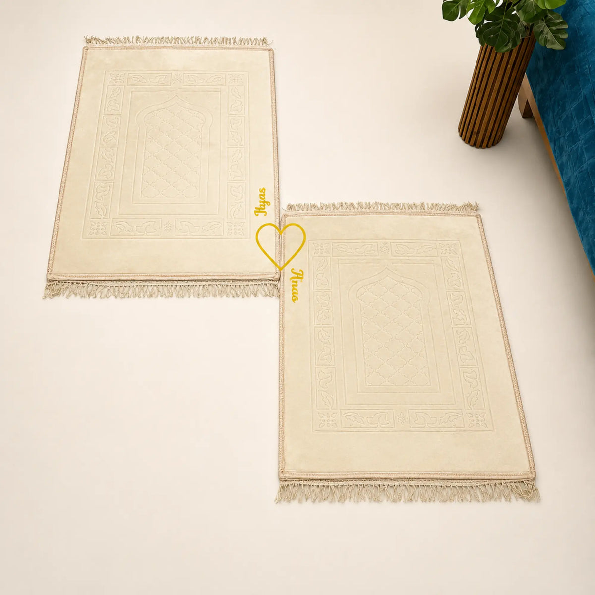 Champagne Gold Rectangle Janamaz - Couple Janamaz Set with heart detail, ideal for wedding gifts and Islamic prayer rituals.