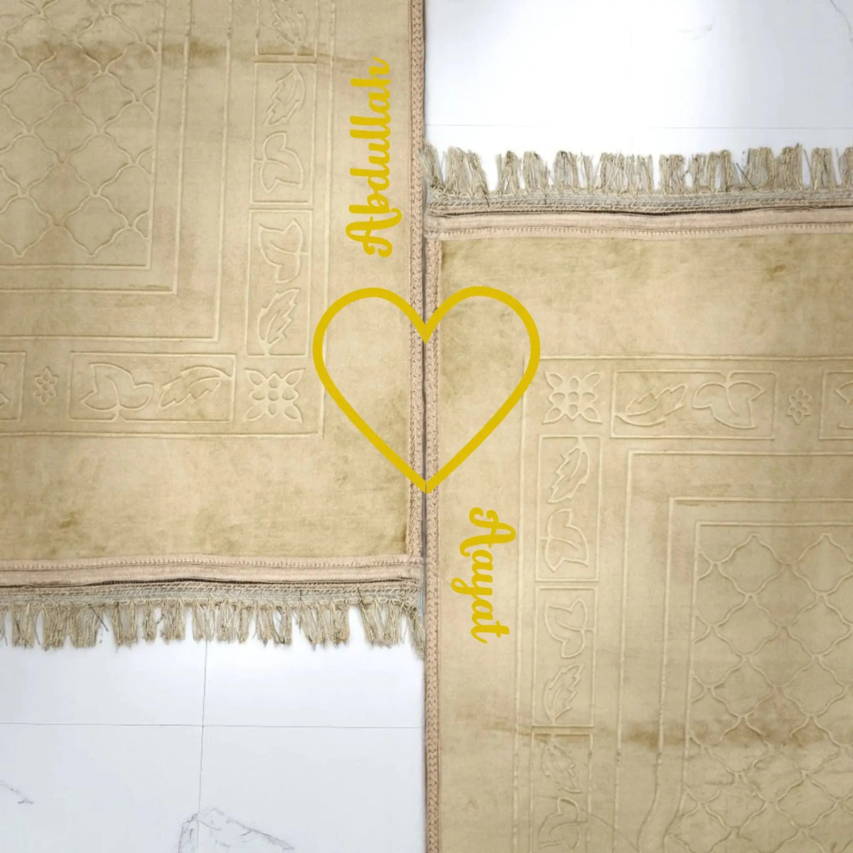 Personalized Couple Janamaz Set in Champagne Gold with embroidered names and heart design, perfect for bridal and wedding gifts.