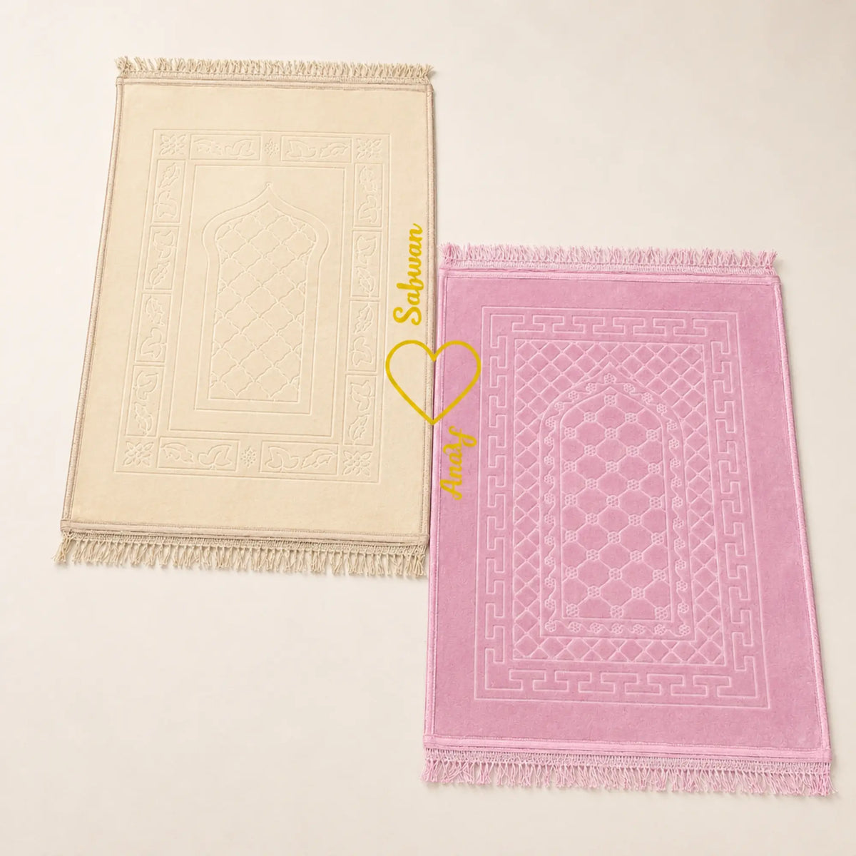 Couple Prayer Mats Set in champagne gold and pink with heart design, ideal for weddings and Islamic gifting occasions.