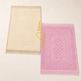 Couple Prayer Mats Set in champagne gold and pink with heart design, ideal for weddings and Islamic gifting occasions.