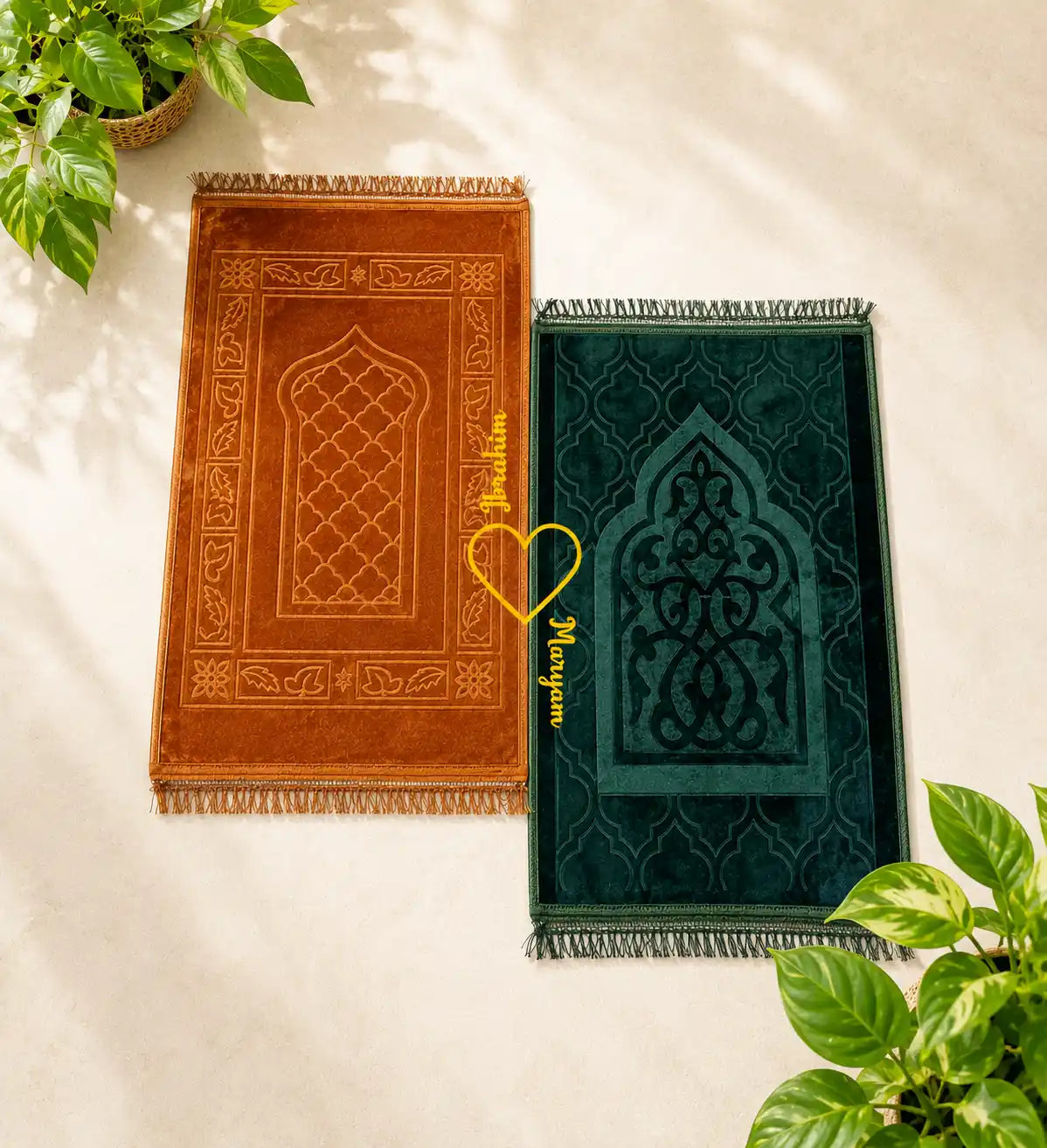 Golden & Green Rectangle Couple Janamaz with Heart Main image