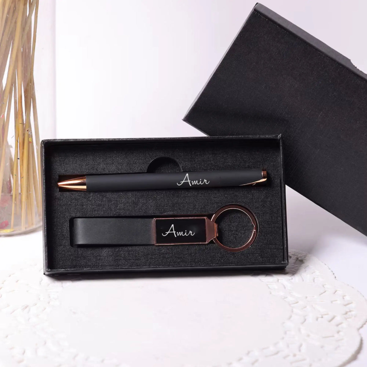Black personalized pen and keychain gift set in black box