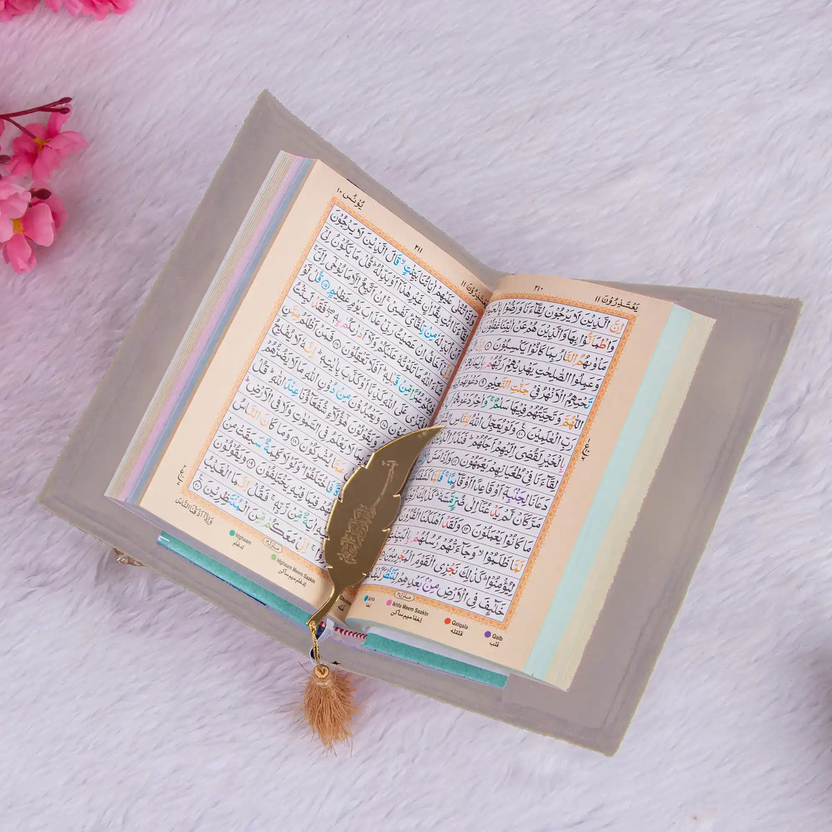 Premium Quran from Silver Sawab-e-Jariya Gift Set with gold feather bookmark and pastel tabs, ideal for Eid or wedding gifts.