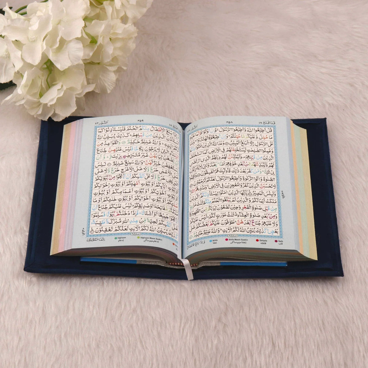 Color-coded Tajweed Quran from Blue Stones Rehal Hamper. Designed for improved pronunciation and Quranic recitation.